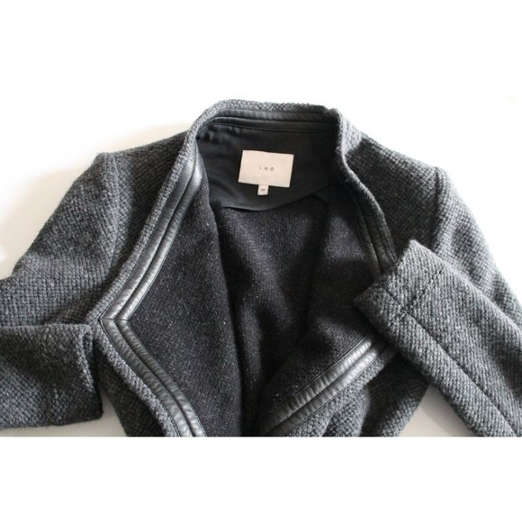 IRO Cooley Tweed Belted Jacket Grey Size 38 Medium Wool Lamb Leather Trim - Picture 5 of 8